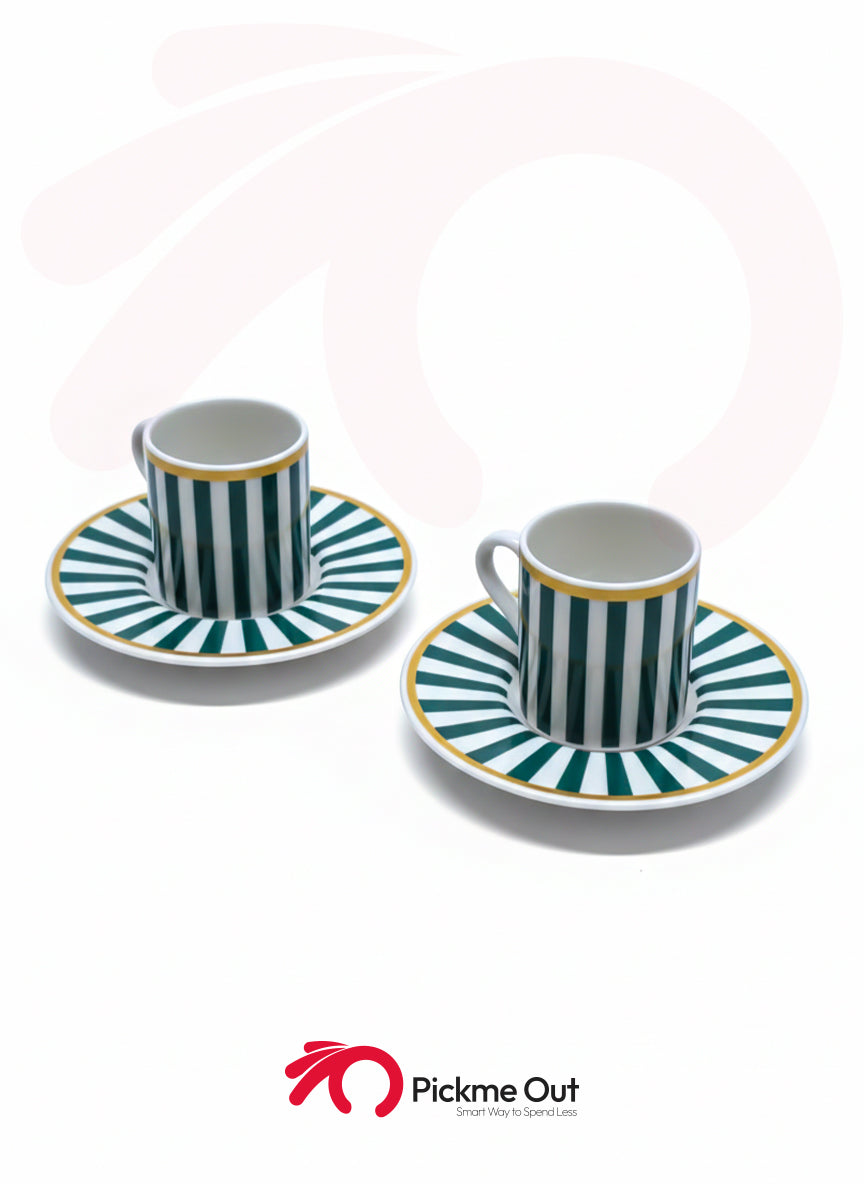 Pasha | 2 Chic Striped Porcelain Turkish Coffee Set (Green/White)