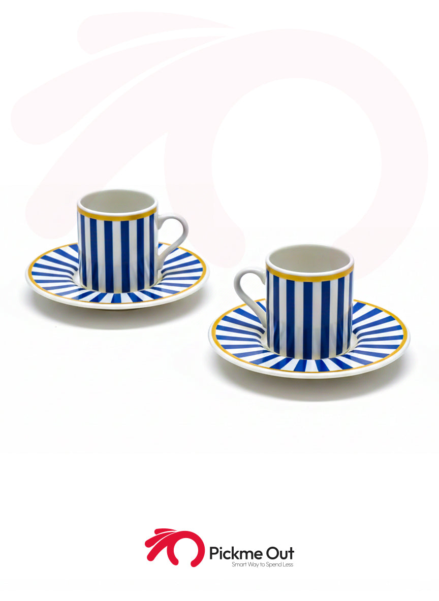 Pasha | 2 Chic Striped Porcelain Turkish Coffee Set (Blue/White)