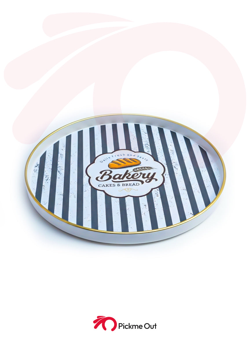 Elegant Striped Bakery Melamine Serving Tray with Gold Rim