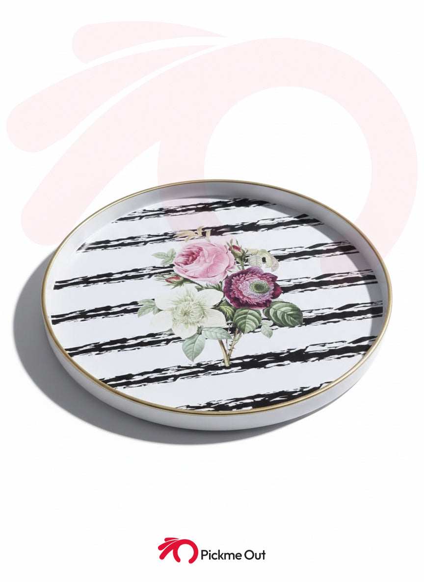 Chic Farmhouse Stripe & Rose Print Round Decorative Tray