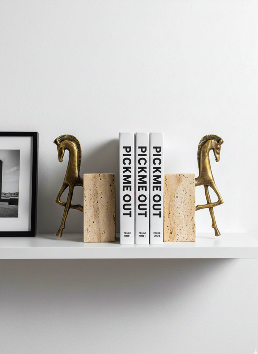 Aurelian Horse Bookends — Travertine & Bronze Edition