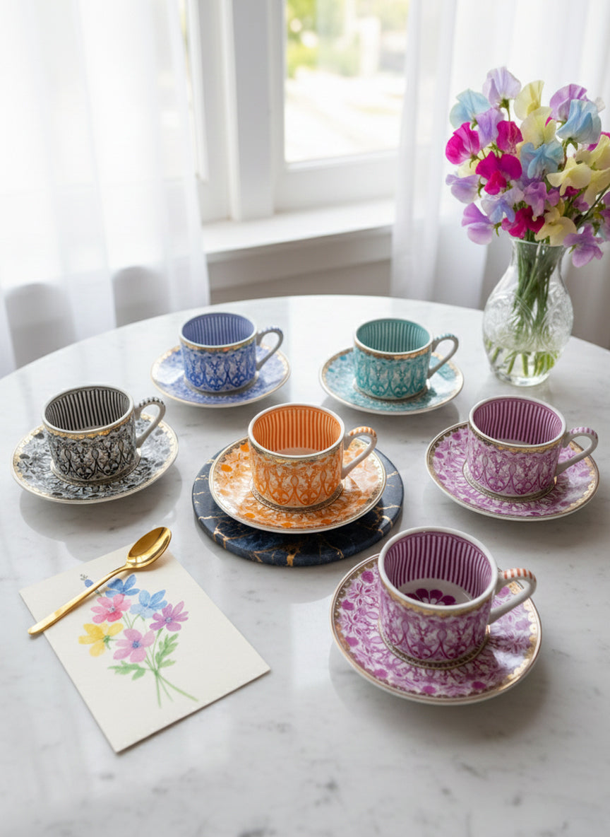 Ottoman Bloom: 6 Fine Porcelain Turkish Coffee Cups