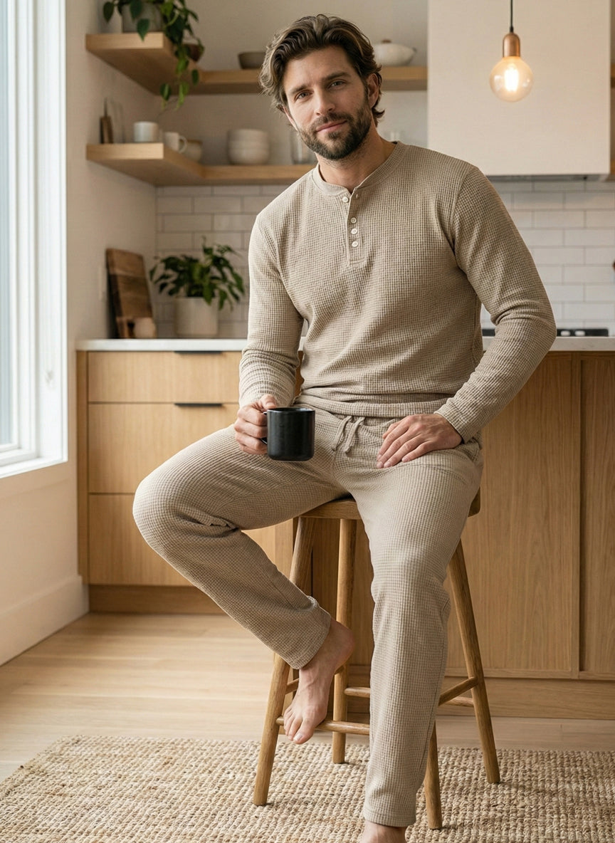 Kipchak | Men’s Waffle Knit Pajama Set – Warm Beige