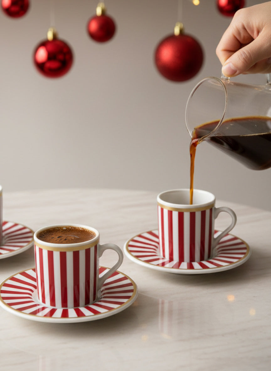 Pasha | 2 Chic Striped Porcelain Turkish Coffee Set (Red/White)