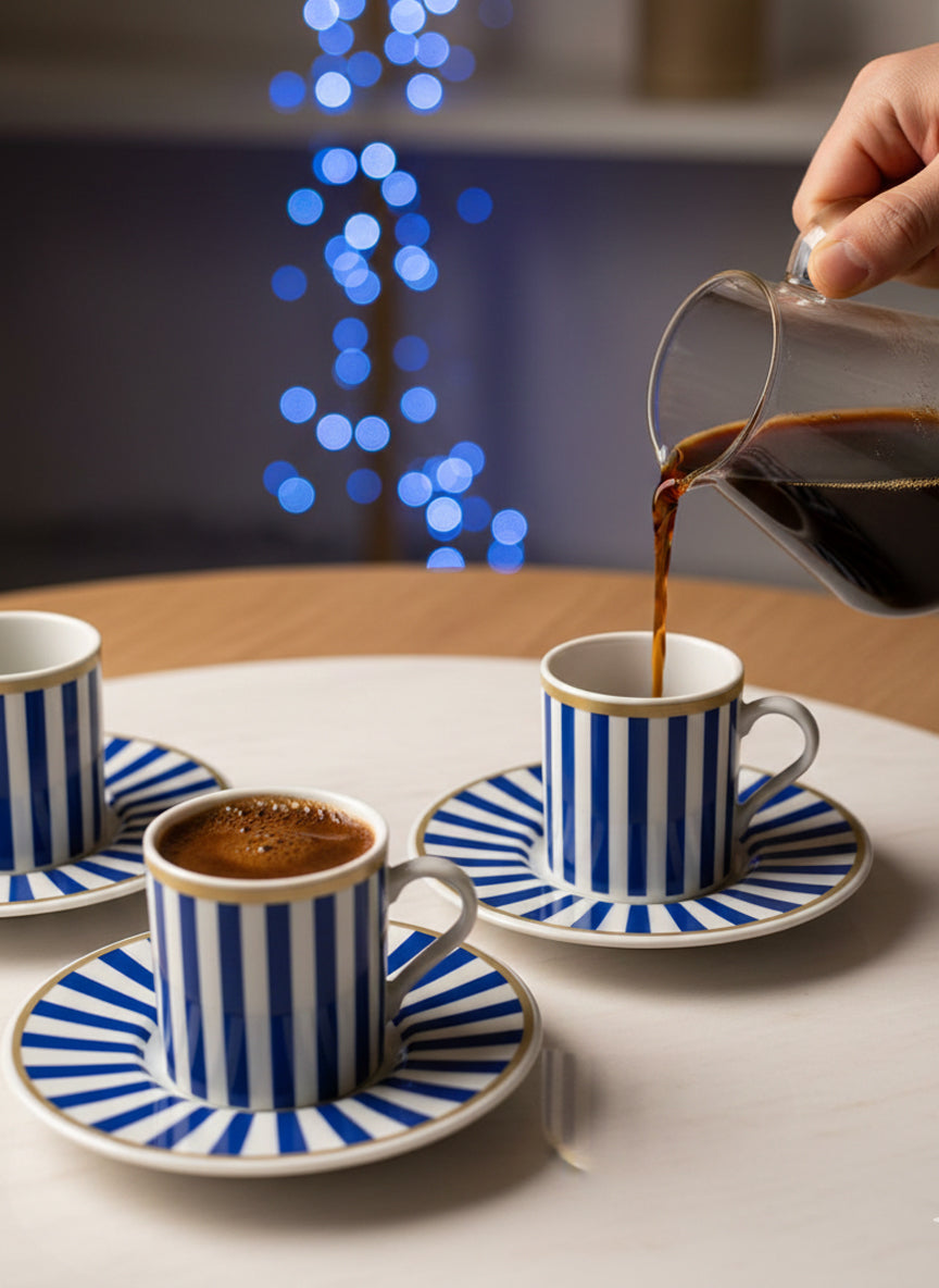 Pasha | 2 Chic Striped Porcelain Turkish Coffee Set (Blue/White)