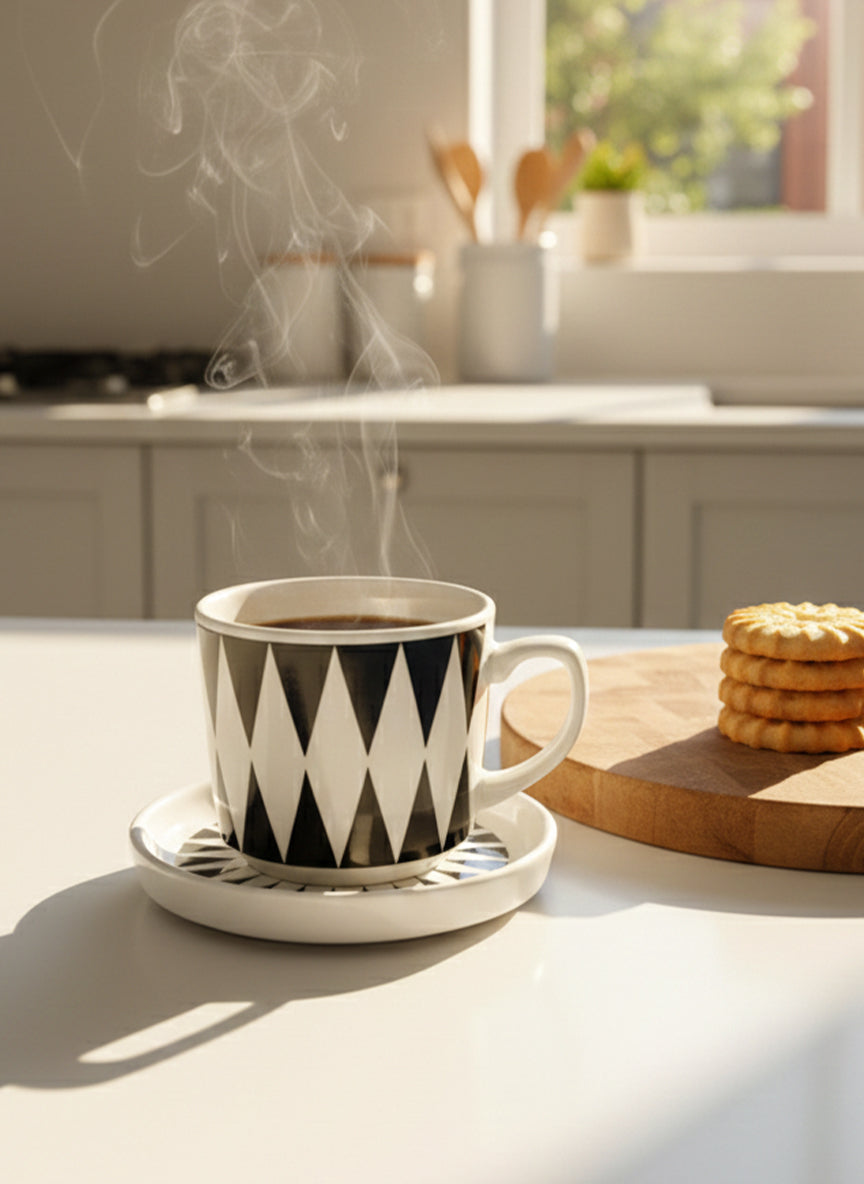 Chic Black & White Striped Porcelain Demitasse Cup and Saucer Set
