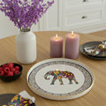 Mandala & Boho Elephant Print Round Melamine Tray with Gold Rim