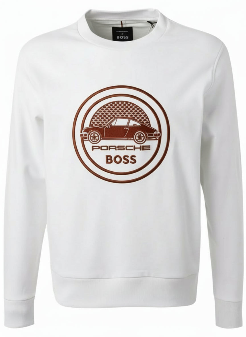 White sweatshirt with Porsche Boss logo on a white background