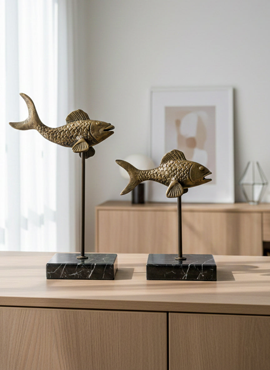 Modern Mariner Antiqued Brass Fish Sculptures - Set of 2