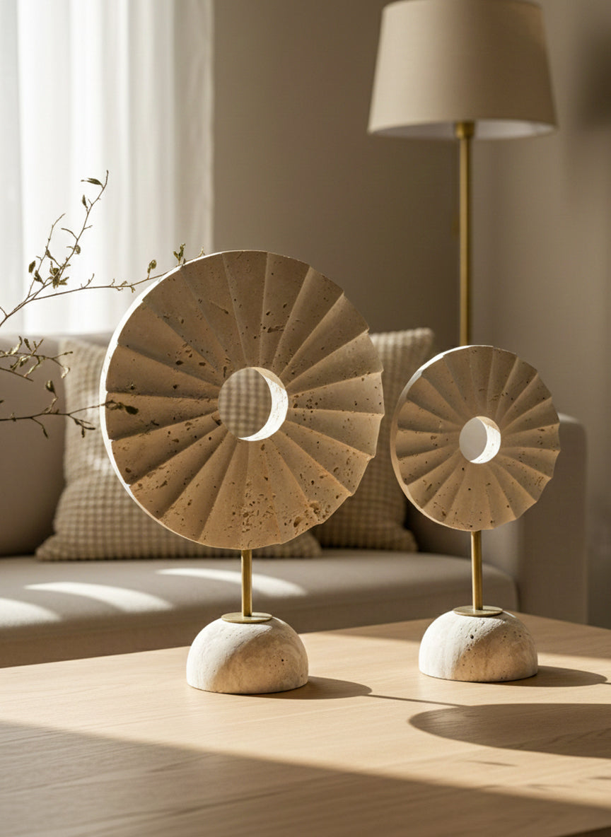 Helios Fluted Travertine Sculpture Set – Duo