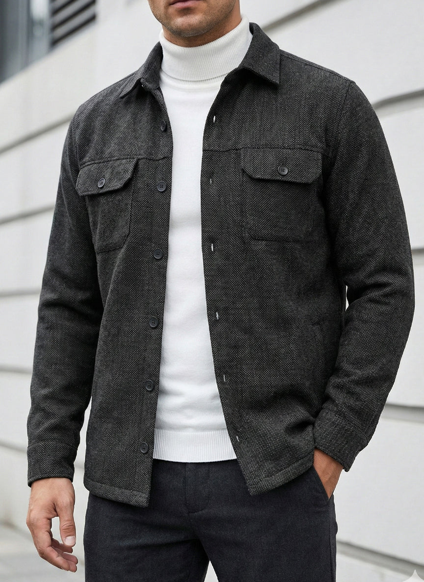 Textured Herringbone Cotton Over-Shirt in Anthracite Grey