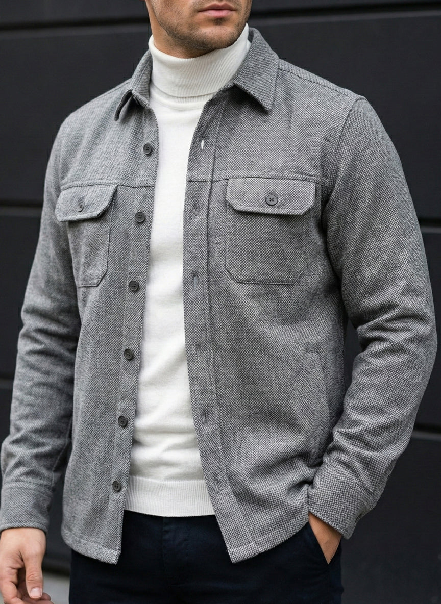 Textured Herringbone Cotton Over-Shirt in Mid Grey