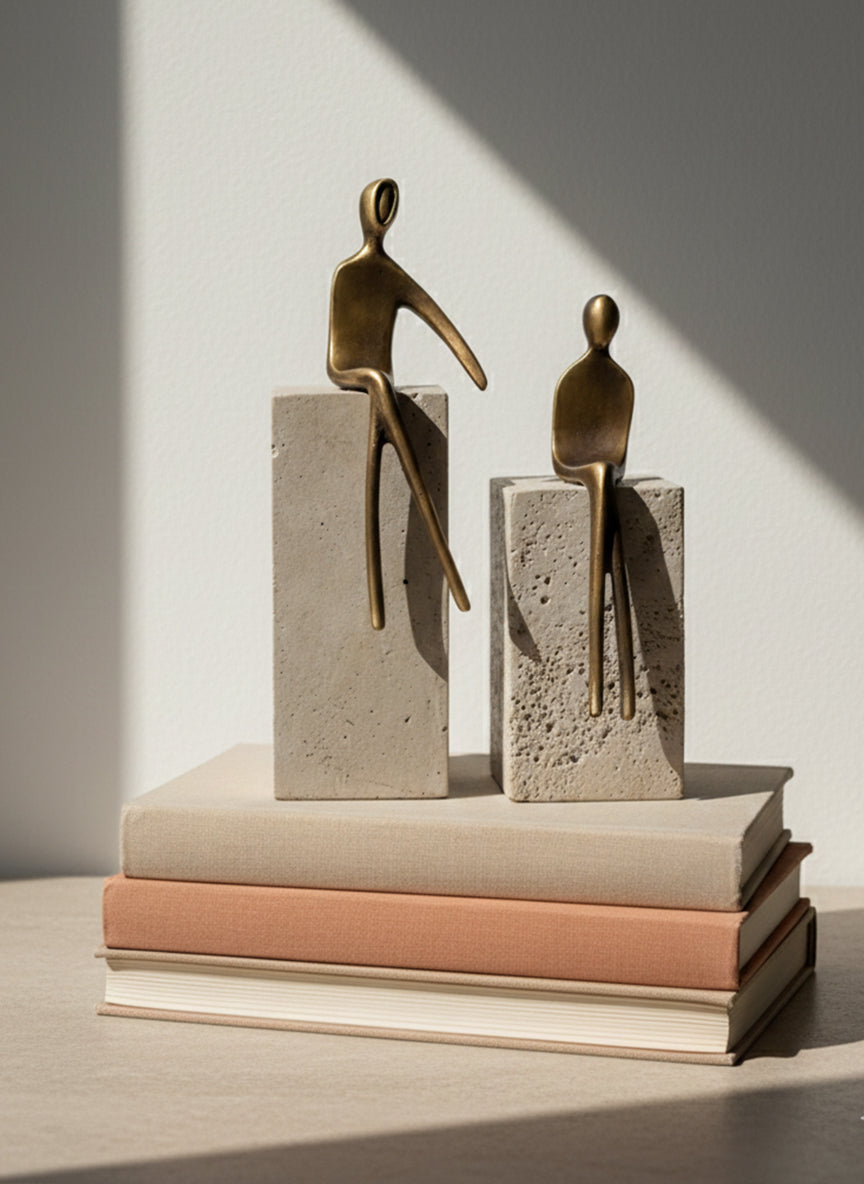 Duo Bronze Figures on Travertine Pedestals (2-Piece Set)